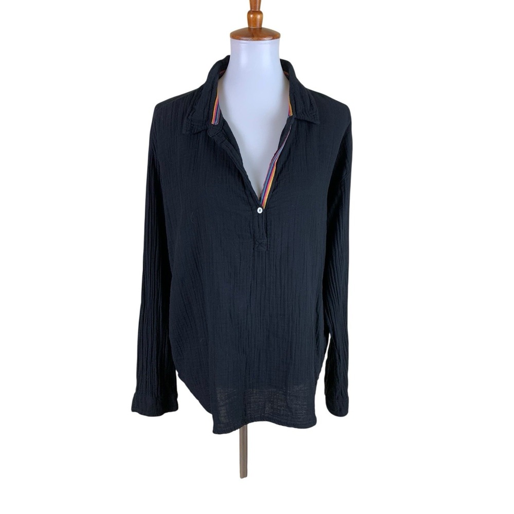 Dylan Black Gauze Cotton Popover Collared Long Sleeve Shirt Blouse Small